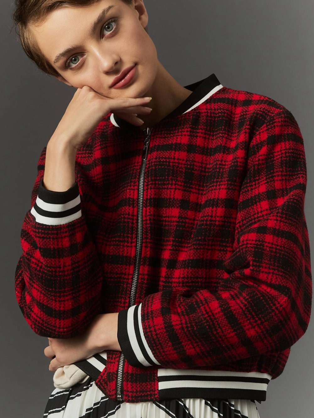 Anthropologie Red & Black Plaid Bomber Jacket